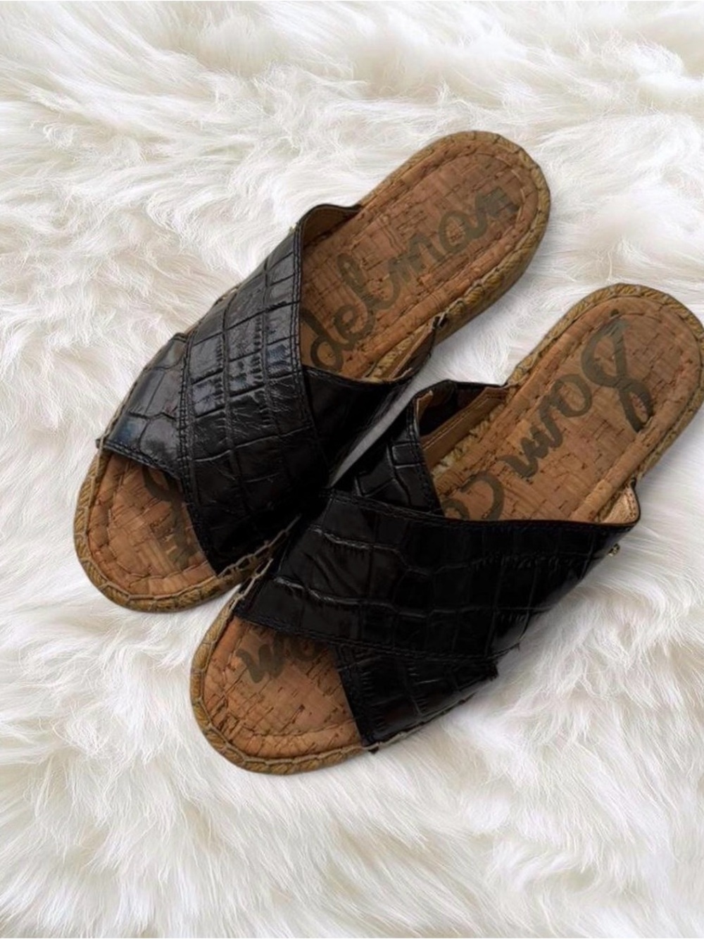 Sam Edelman Black Croc Slide Sandals with Espadrille Platform - Picture 2 of 5